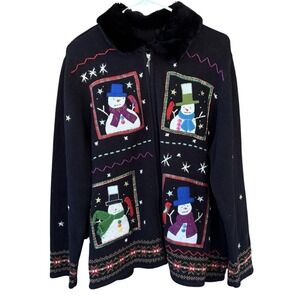 Designer Original Studio Joy Christmas Zip Cardigan Sweater Womens XXL Fur Beads